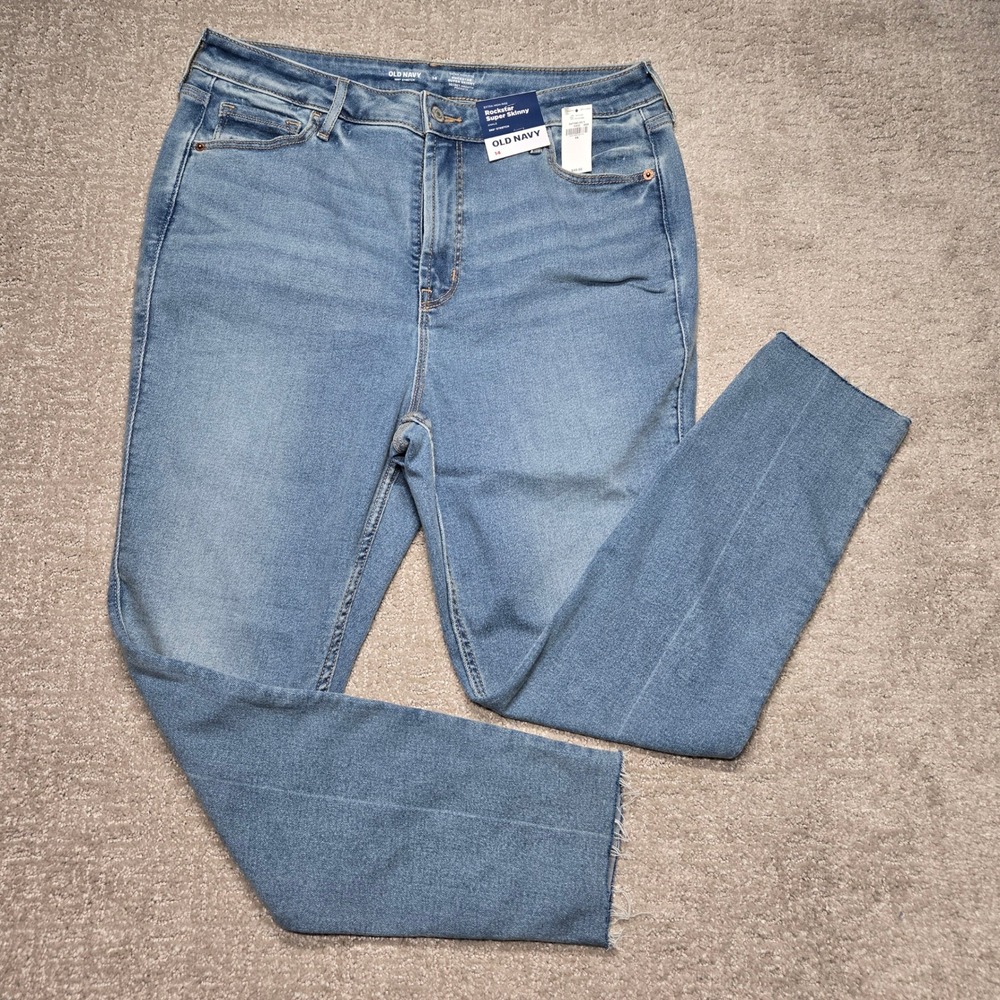 Old Navy Rockstar Super Skinny Jeans Extra High Rise Ankle Raw Hem Blue 14 NEW